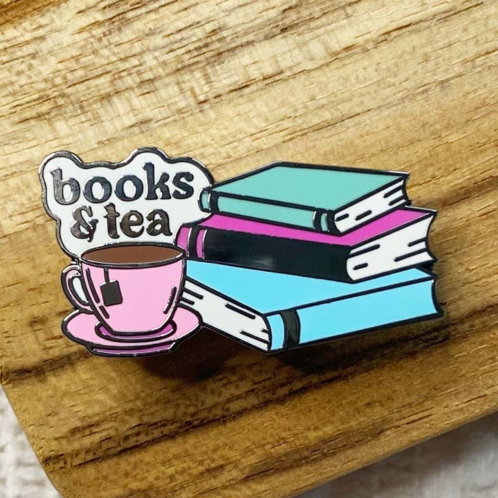 books and tea enamel pin for wholesale by whimsy & zest