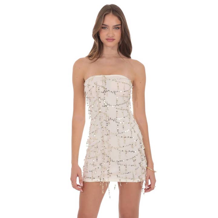 Lucy In The Sky - Wholesale Dress - Women's - Strapless Sequin Fringe Dress in Ivory