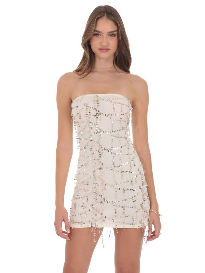 Strapless Sequin Fringe Dress in Ivory and other Purchase Wholesale sequin dresses. Free Returns & Net 60 Terms on Faire trending on Faire.