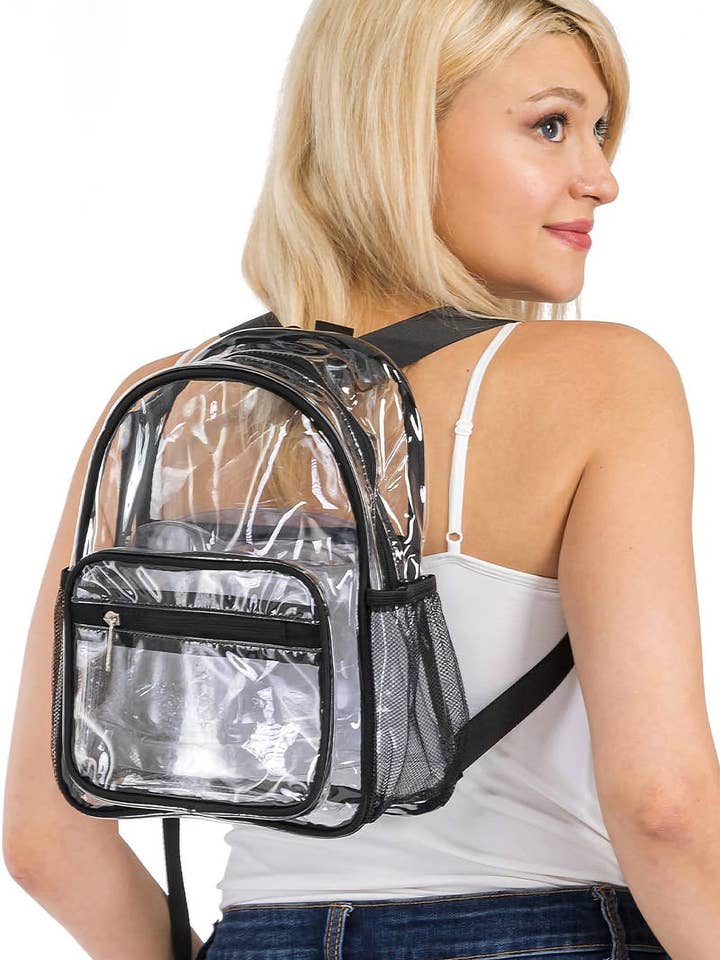 Clear Transparent Black Trim PVC Backpack for wholesale by Cap Zone