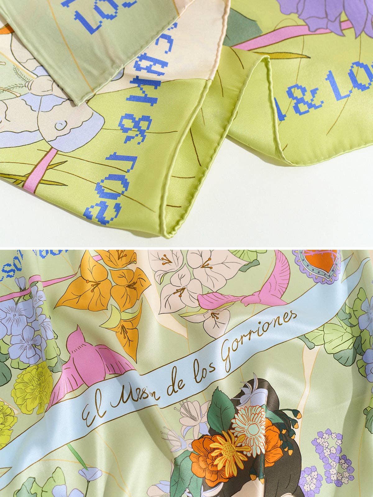 FRIDA x LOST PATTERN "Los Amores de Frida" Large Silk Scarf - Pastel for wholesale on Faire2