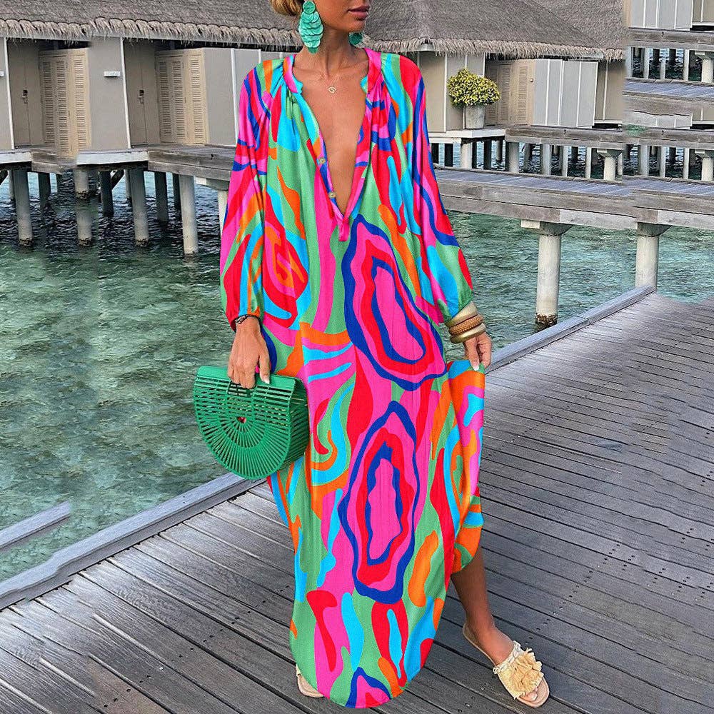 SALINA TRADING INC - Wholesale Dress - Women's - Women Bohemian Elegant Vintage Long Sleeve Button Loose Big V Neck Dress4