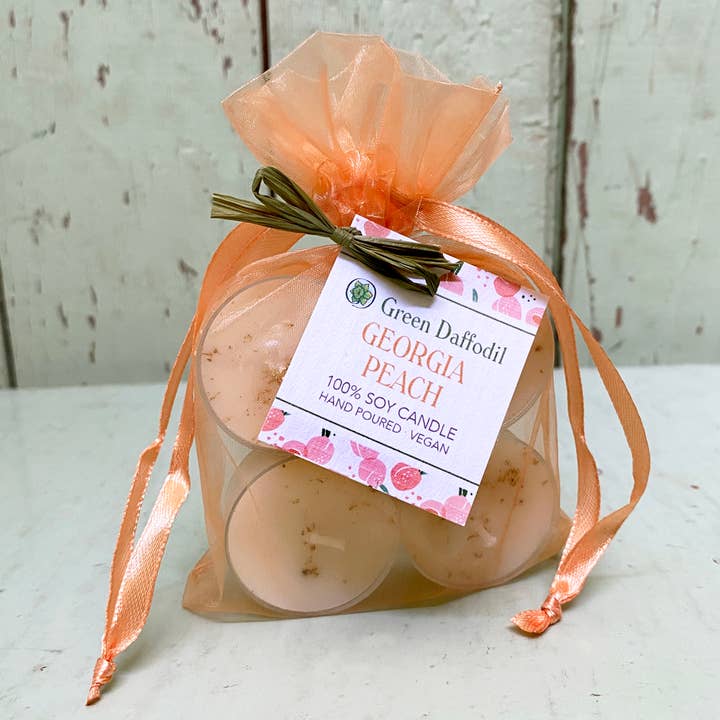 Georgia Peach Soy Candle Tealight 4-Pack for wholesale by Green Daffodil Bath & Body