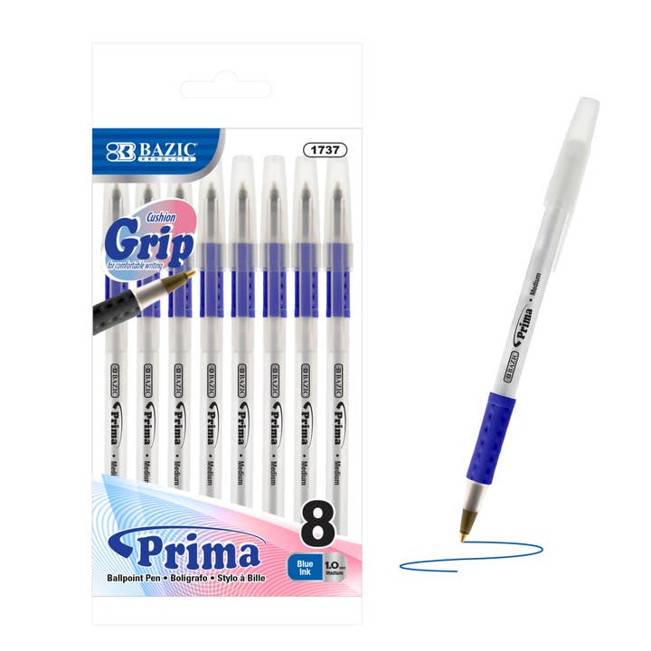 Prima Blue Stick Pen w/ Cushion Grip (8/Pack) for wholesale by BAZIC Products