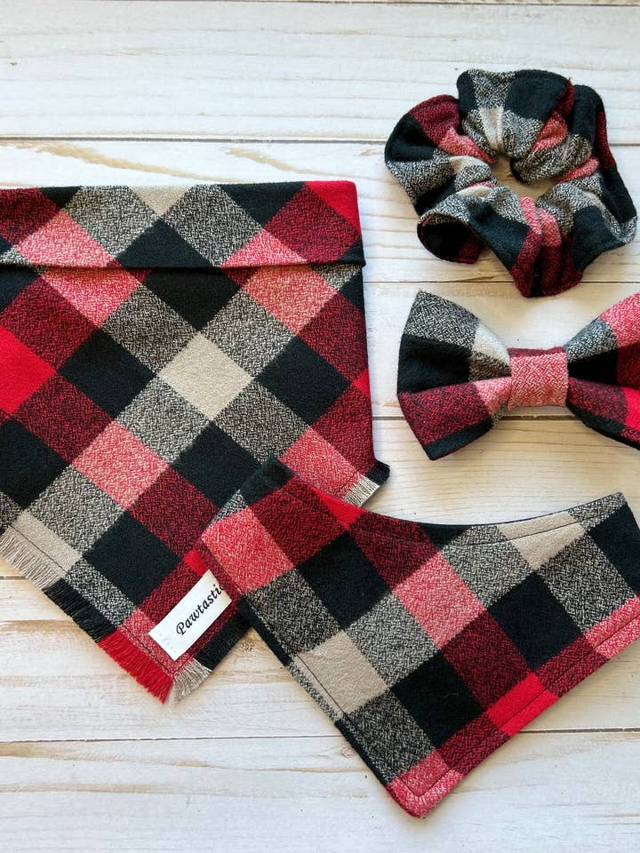 Red, Cream, Black Frayed Bandana, bowtie/scrunchie/hairbow for wholesale by Pawtastic Bandanas