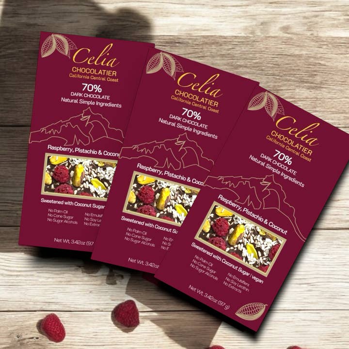 CELIA CHOCOLATIER - Wholesale Chocolate Bar - 70% Dark Chocolate | Raspberry, Pistachio, Coconut
