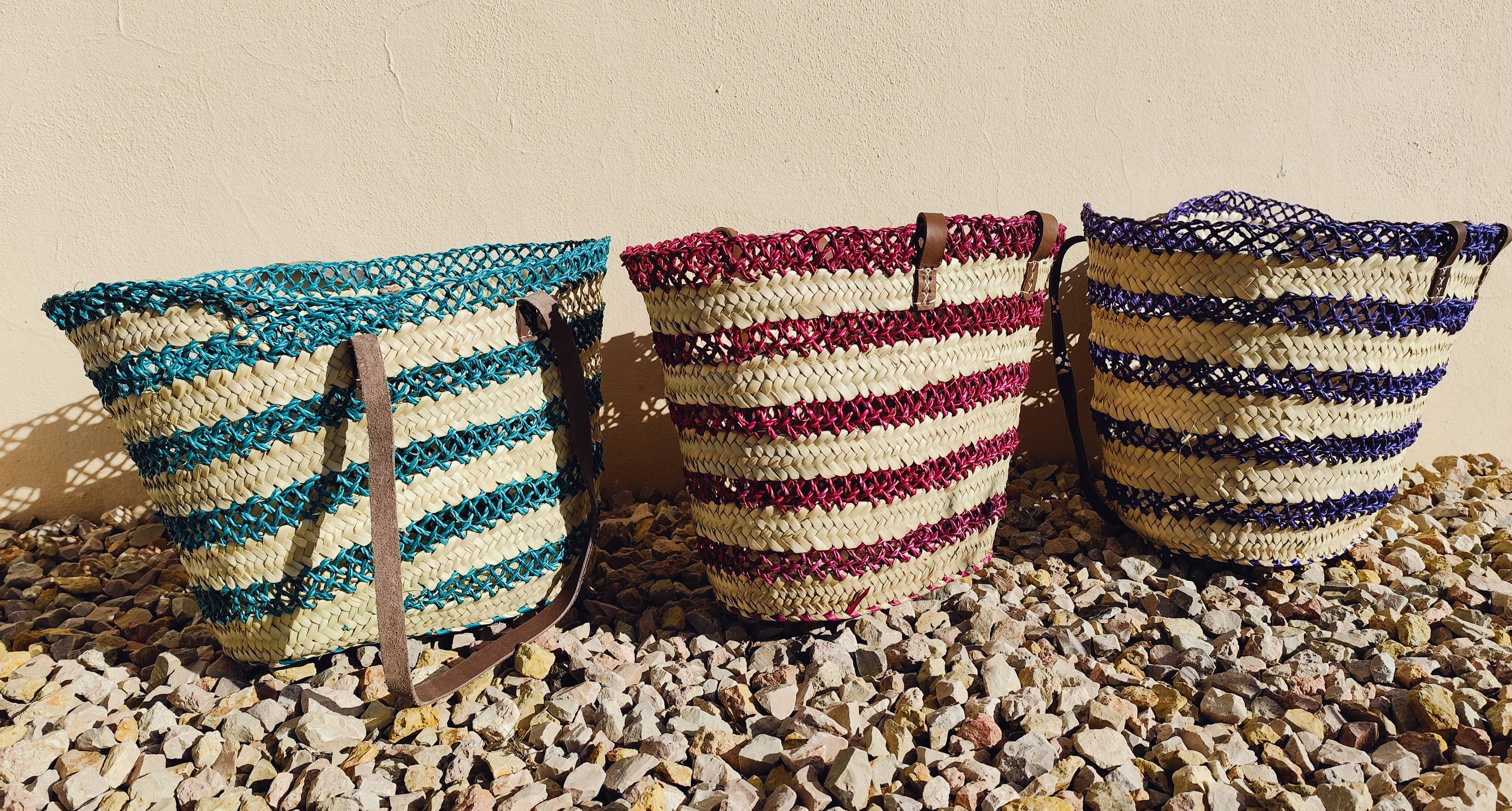 Maya Mallorca - Wholesale Beach Bag - PALMA BASKET WITH STRIPES AND LONG LEATHER HANDLE3