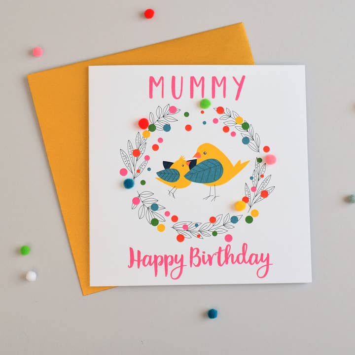 Claire Giles Ltd – wholesale Birthday card – Birthday Card, Mummy Bird, Mummy, Happy Birthday, Embellished with pompoms3