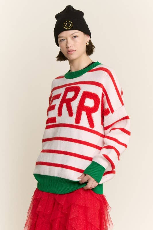 WHITE RED PLUS SIZE STRIPED CHRISTMAS MERRY SWEATER for wholesale on Faire5