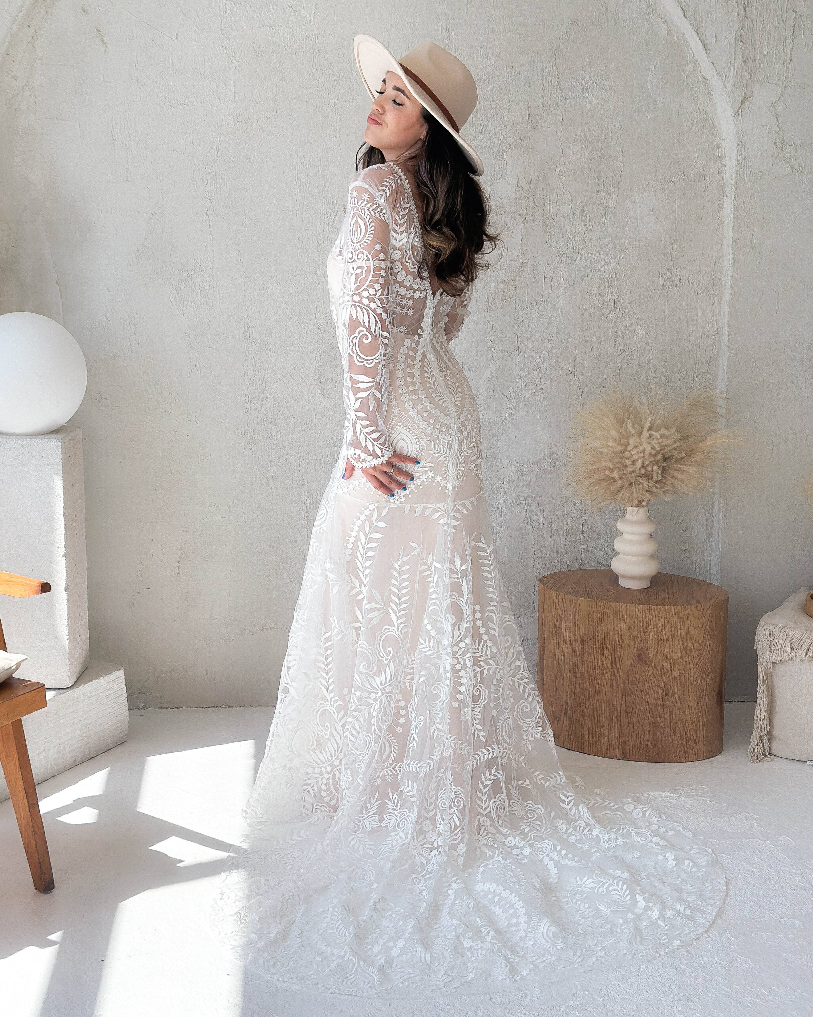 Ivory Sell-Out! High Neck Lace Wedding Dress with Long Sleeves for wholesale on Faire1
