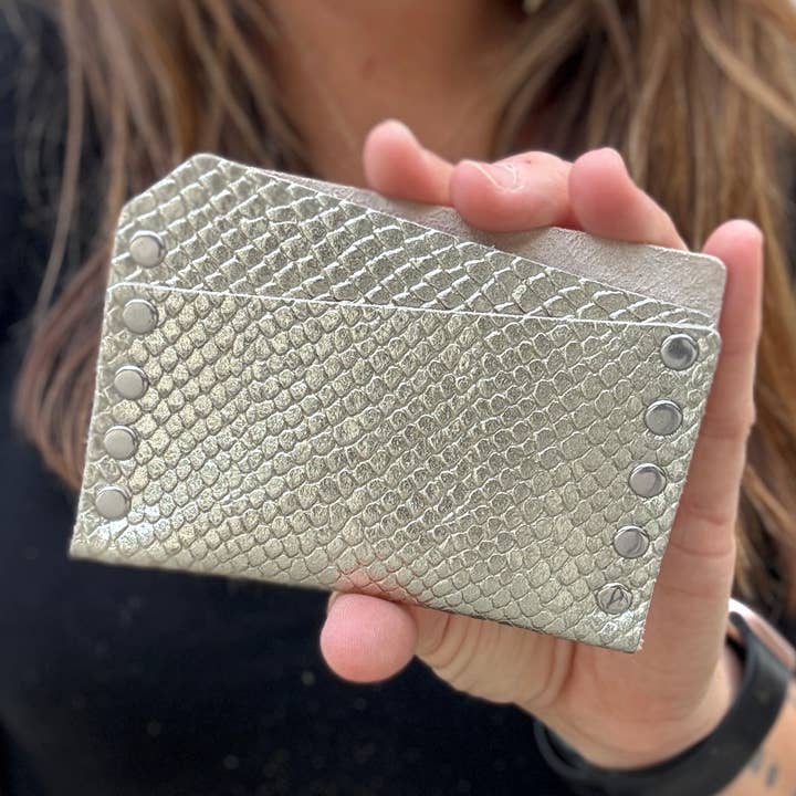 Riveted Leather Card Wallet - Champagne Scales for wholesale by Raleigh Leather