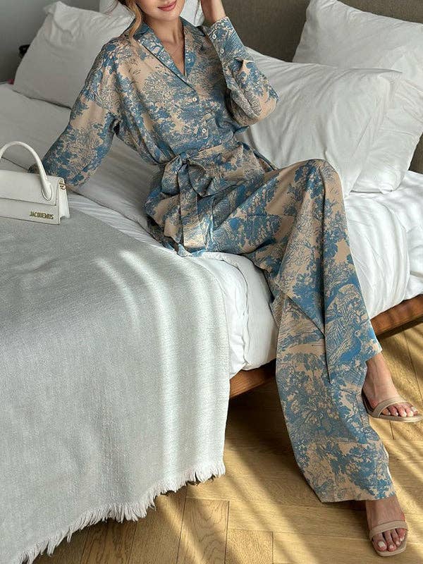 BLUE Long Sleeves Buttoned Printed Tied Waist Notched Collar Shirts Top + High Waisted Pants Bottom Two Pieces Set for wholesale on Faire7