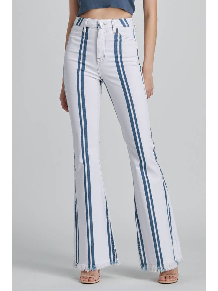 Cello Jeans - Wholesale Jeans - Women's - WV38257STR White Striped High Rise Fray Hem Super Flare Jean