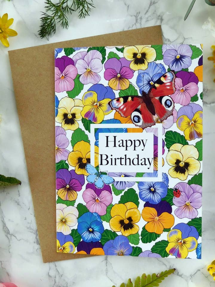 Happy Birthday Pretty Violas Greetings Card for wholesale by Mystical Sky Studio