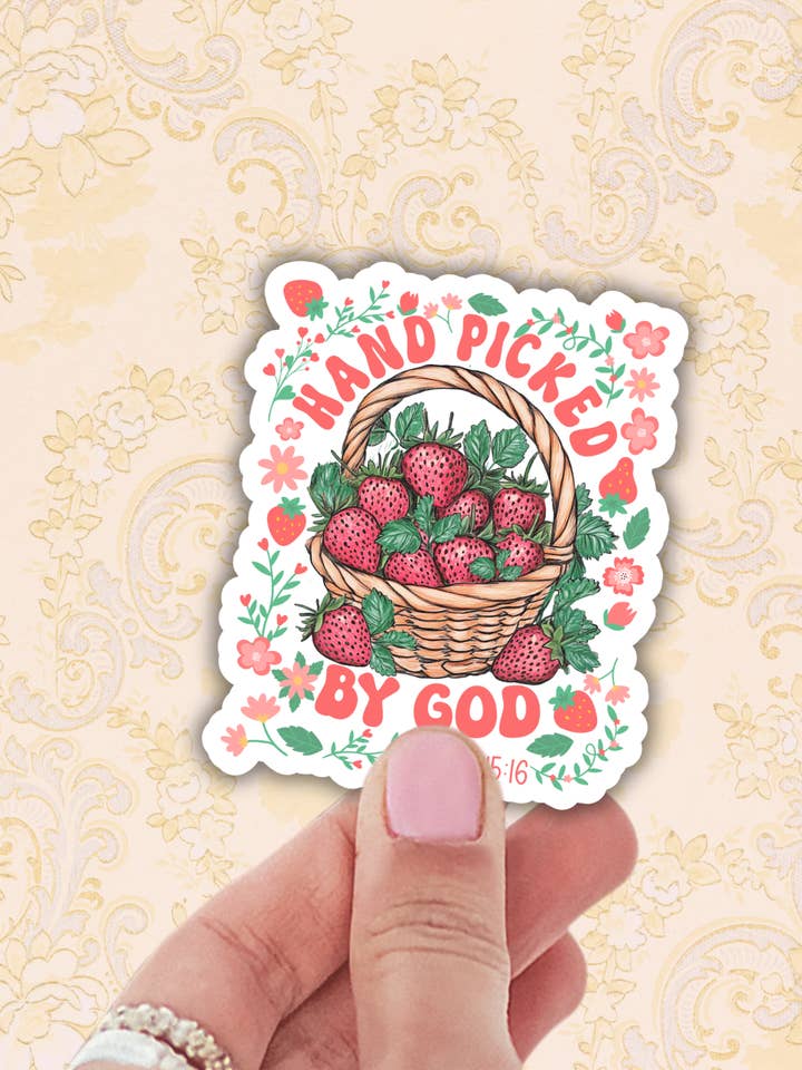 Autocollant en vinyle "Fraises cueillies à la main par Dieu", décalcomanies pour ordinateur portable pour la vente par Lalatina Shop