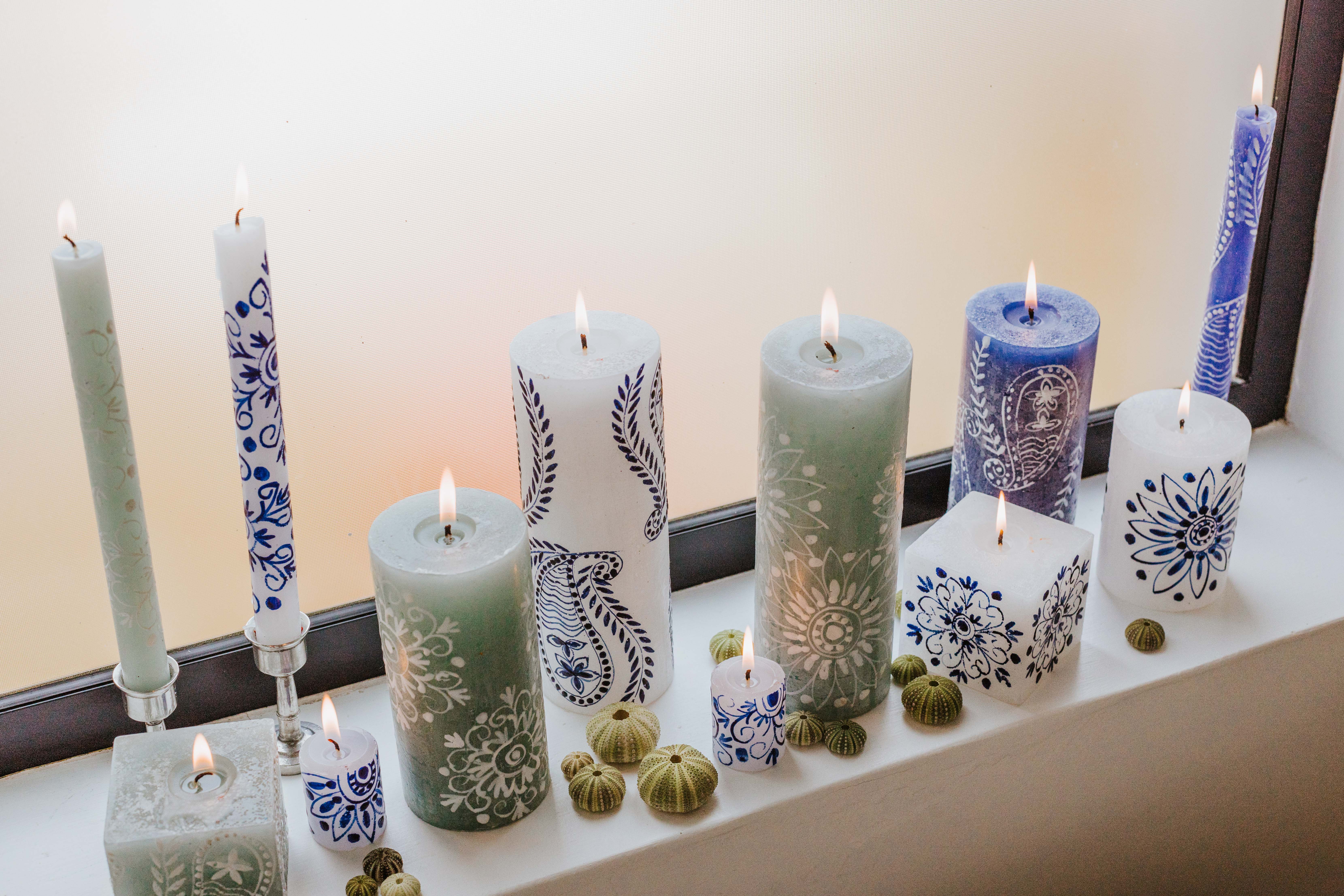 Thumbprint Artifacts - Wholesale Tapered Candle/Candlestick - Henna White on Blue Candle8