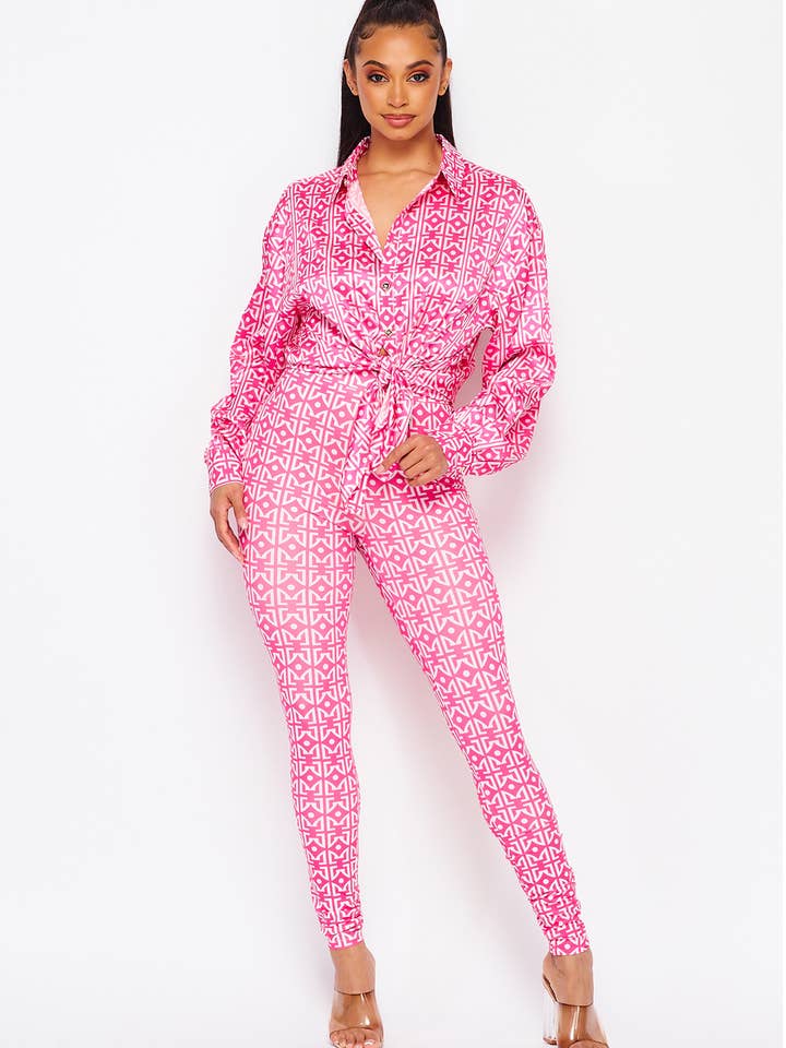 Pink Geometric Monogram Satin 2-Piece Set for wholesale by N1