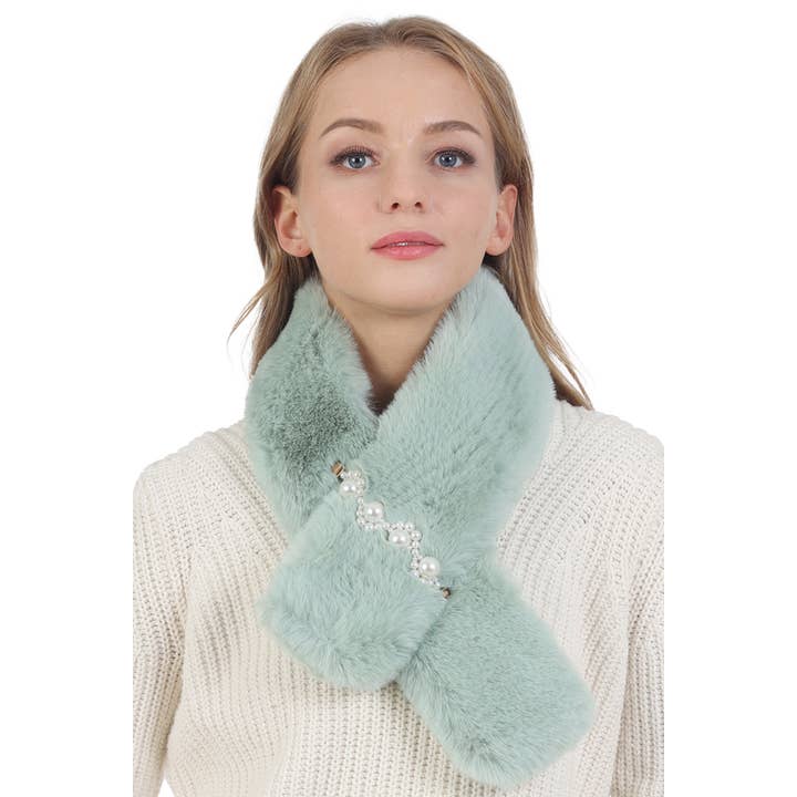 Cap Zone - Wholesale Scarf - Women's - Lux Faux Pearl Insert Fluffy Faux Fur Stole Scarf2