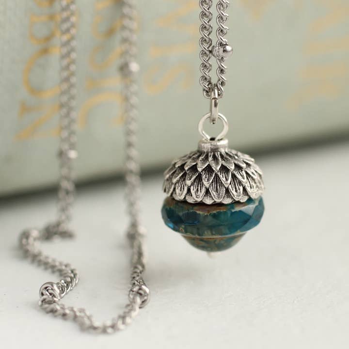 Silk Purse, Sow's Ear – wholesale Pendant/charm necklace – Teal Silver Acorn Necklace