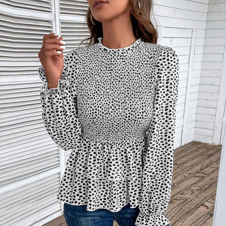 Dalmatian Polka Dot Print Puff Sleeve Ruffle Hem Tiered Blouse for wholesale by L Michele