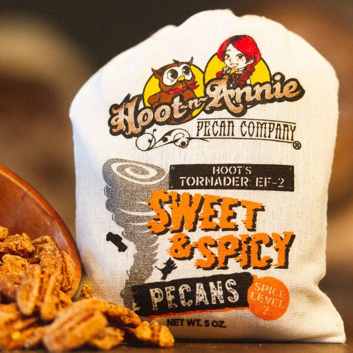 Hoot-n-Annie Pecan Company - Vente Noix - Pacanes confites sucrées et épicées | Hoot's Tornader : EF-2 | 5 oz.