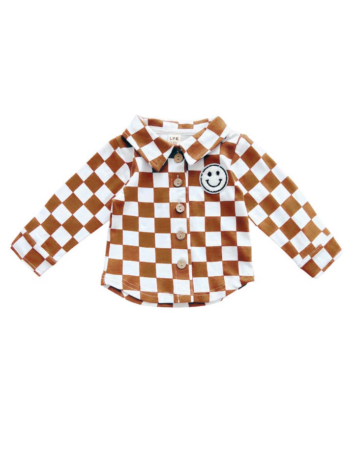 Lucky Panda Kids - Wholesale Shirt Jacket/Shacket - Kids - Baby Kids Cotton Fall Shacket | Smiley Checkered Copper