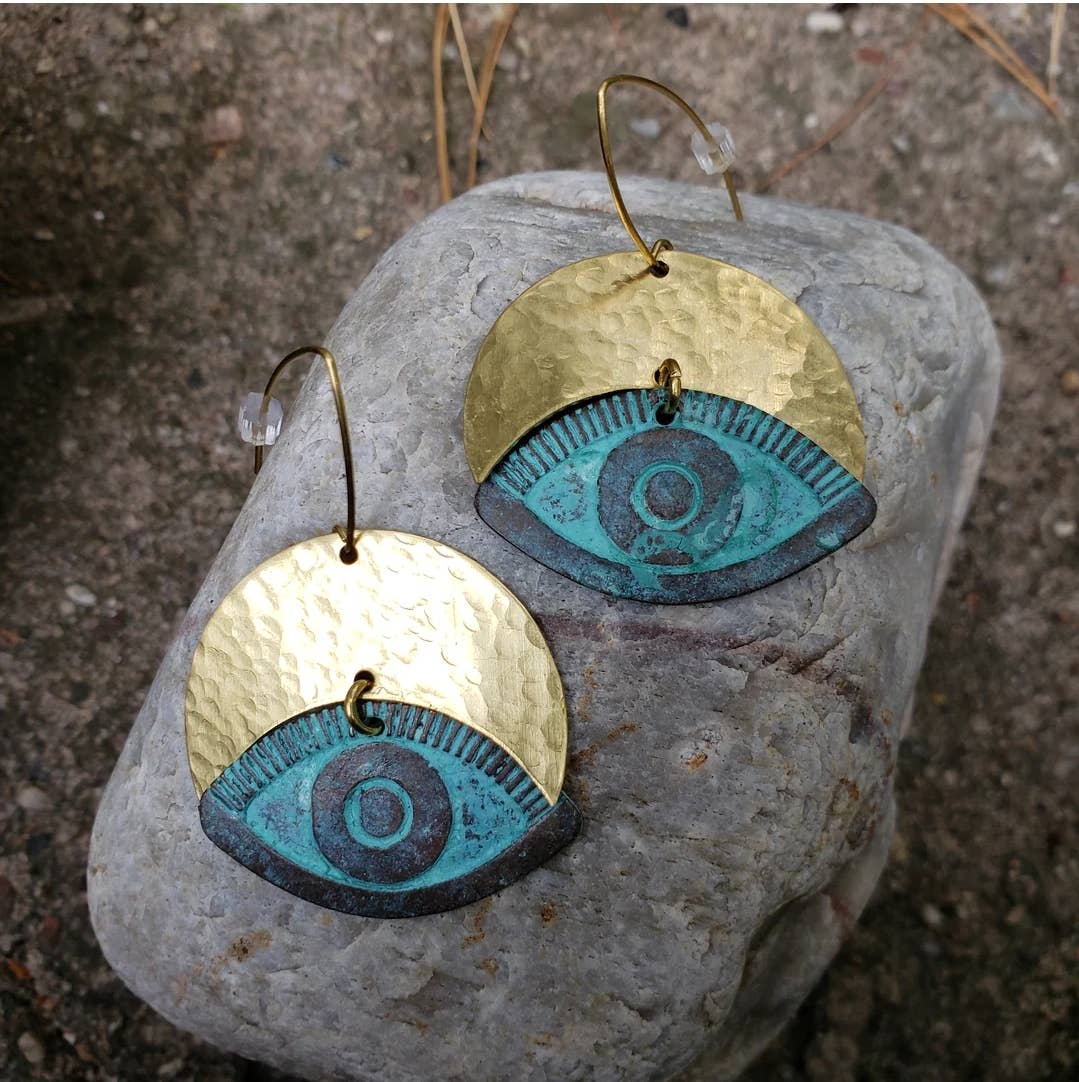 Hear No Evil Eye Verdigris Brass Earrings for wholesale by Verdilune