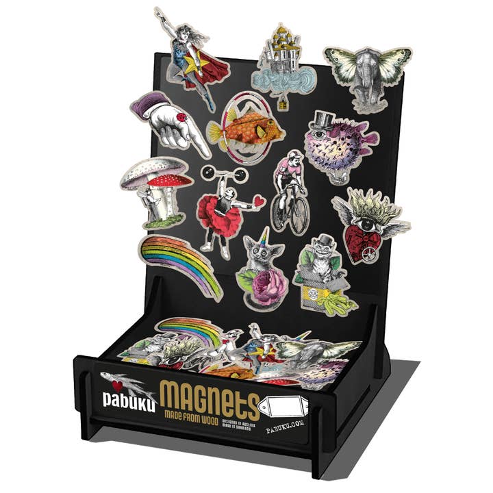 Colección de imanes con 13 diseños y exhibidor de madera gratis para venta al por mayor de Pabuku