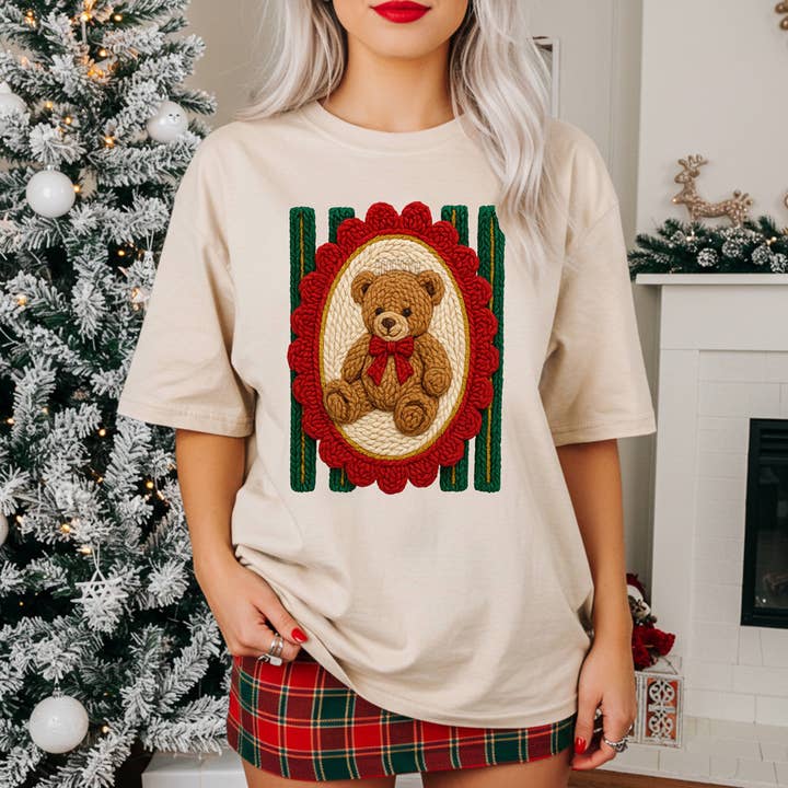 Faux Yarn Holiday Teddy Bear DTF Heat Transfer for wholesale by Trendy Transfers