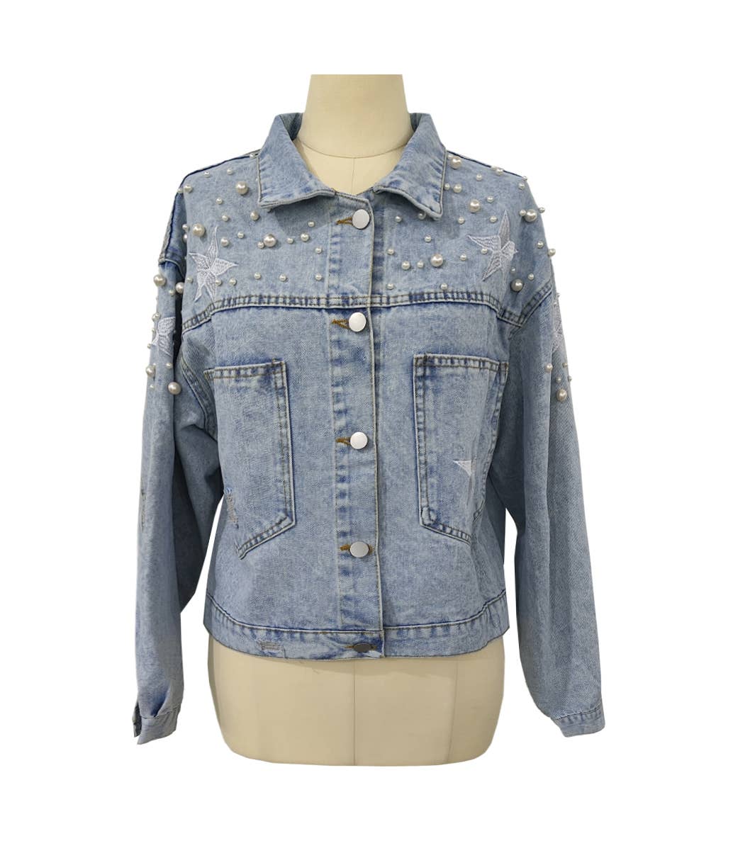 Rosa Clothing - Wholesale Jacket - Women's - Western Pearl stud boxy denim jacket0