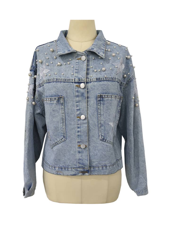 Rosa Clothing - Wholesale Jacket - Women's - Western Pearl stud boxy denim jacket