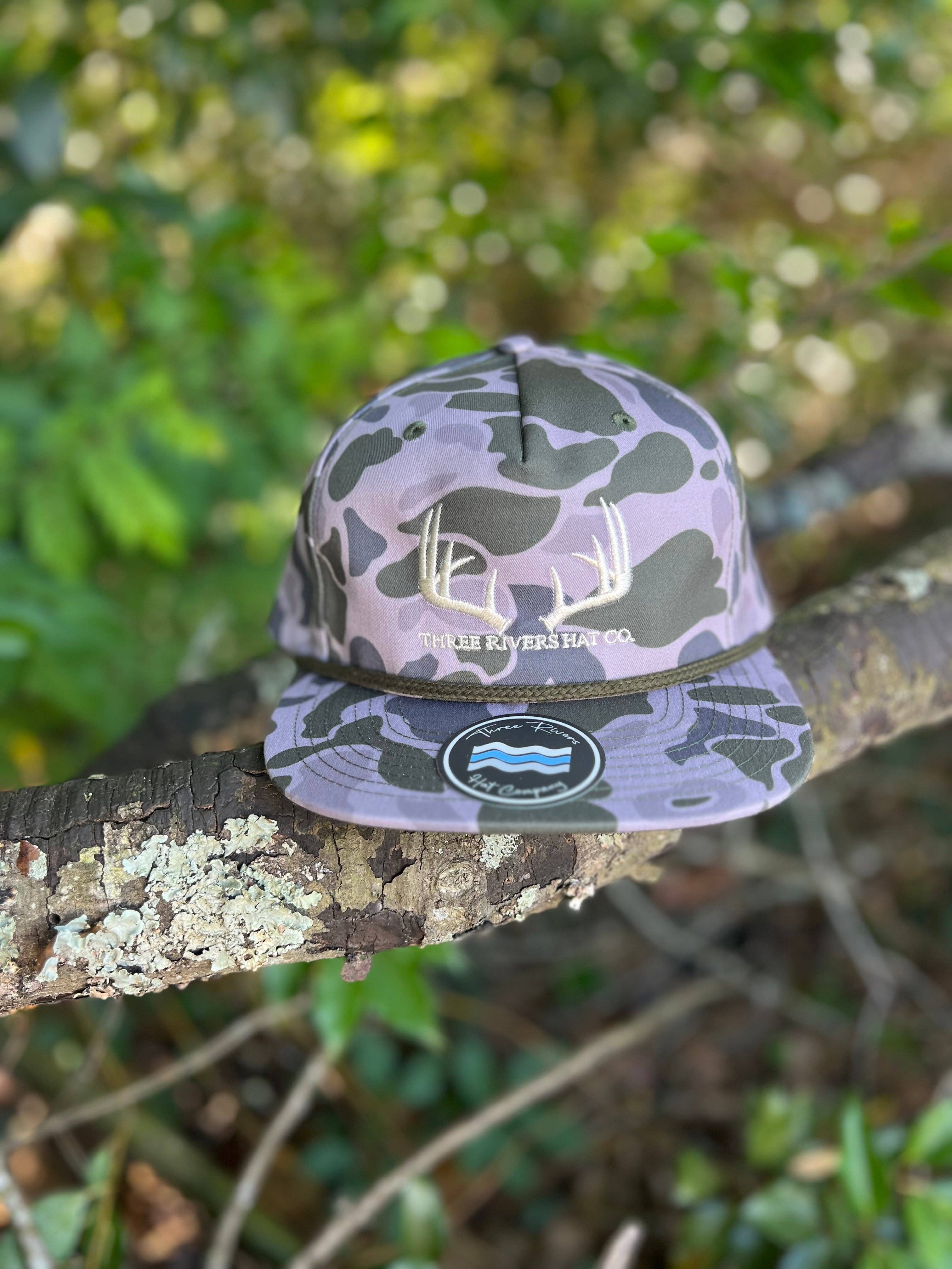 Three Rivers Hat Co. - Wholesale Flat Brim Cap - Unisex - Classic Whitetail Rack - Rope Snapback - Richardson 256p6