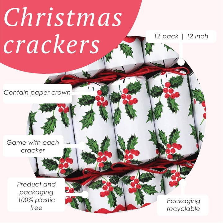 Talking Tables EU – wholesale Juldekoration – Botaniska Holly White Christmas Crackers - 12-pack2