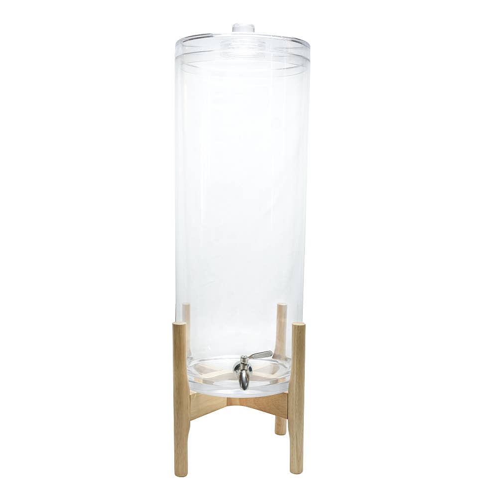 RSS Distributors - Vendita all'ingrosso Dispenser di bevande - Dispenser per bevande rotondo, capacità 24,2 litri, corpo trasparente in policarbonato con camera per ghiaccio e supporto in legno1