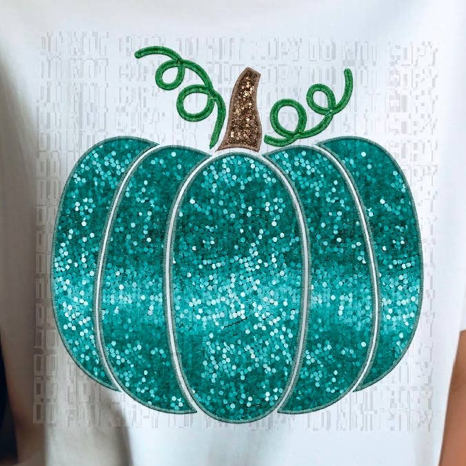 Teal Glittery Pumpkin DTF Transfer for engroshandel hos K and M Designs