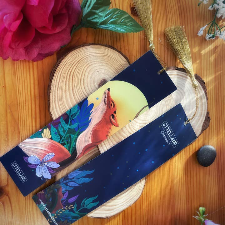 Stelland - Venta al por mayor Marcapáginas - Paquete de 4 marcapáginas de zorro/bebé naturaleza • Doble cara • Zorro, naturaleza, flores, plantas, luna, sol, medio ambiente • Regalo para los amantes de los libros3