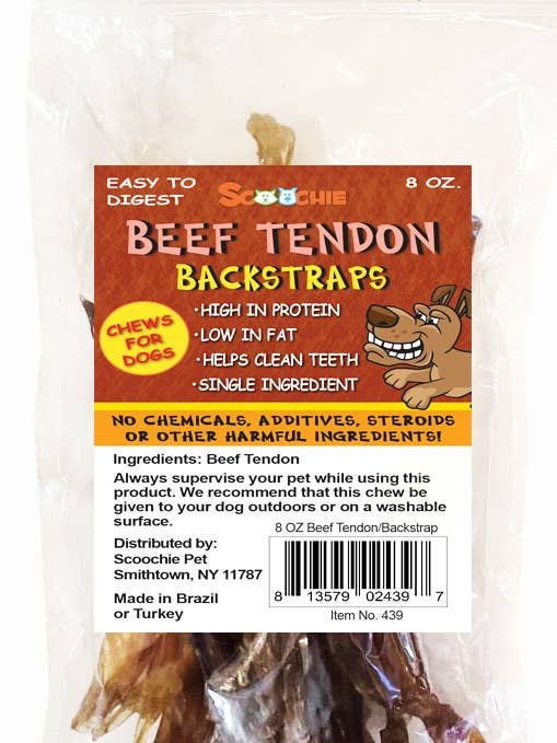 Beef Tendon / Back Strap 8 Oune in Zip Lock Bag for wholesale by Scoochie Pet Products