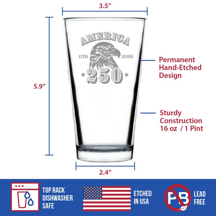 bevvee - Wholesale Beer Glass/Mug - America 250 Anniversary - Pint Glass Engraved in USA3