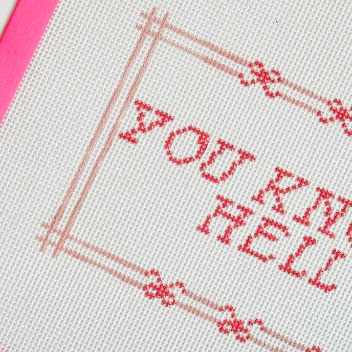 Cotswold Co Designs – wholesale Embroidery/cross-stitch supplies – Cheeky Saying Bow Needlepoint Canvas 13 Mesh 10x6”