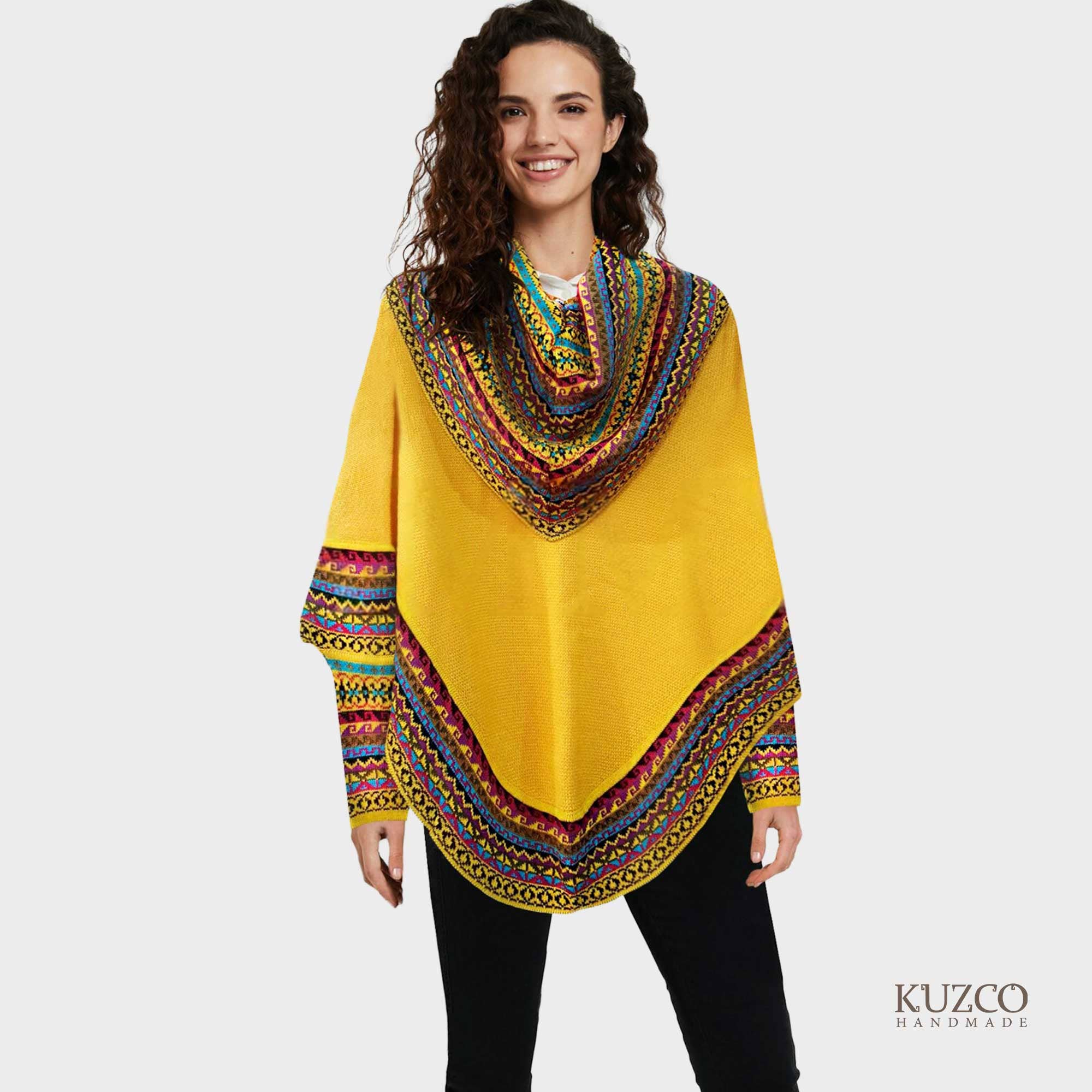 KuzcoHandmade - Wholesale Poncho - Women's - Alpaca Cowl Neck Poncho with Ethnic Pattern, Elegant & Cozy3