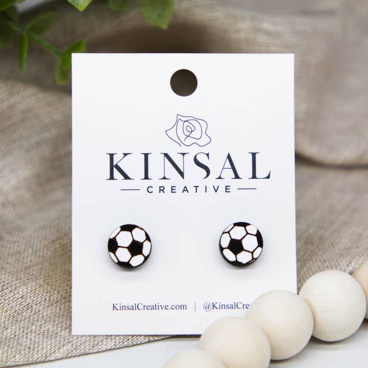 Kinsal Creative - Wholesale Stud/Post Earrings - Soccer Ball Wood Stud Earrings