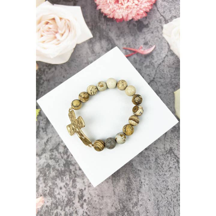 JHP Collection - Wholesale Beaded Bracelet - RELIGIOUS HAMMERED CROSS NATURAL STONE BRACELET