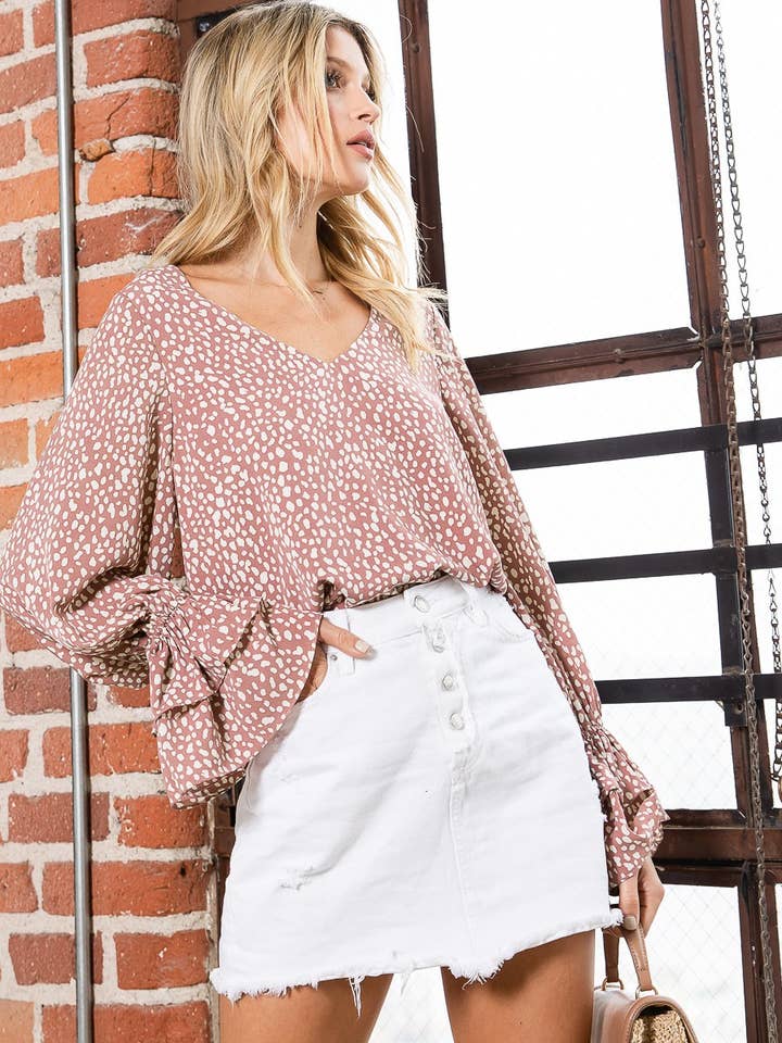 V-Neck Tiered Ruffle Bell Sleeve Blouse Shirt Tunic VT60225A for wholesale by Vine & Love