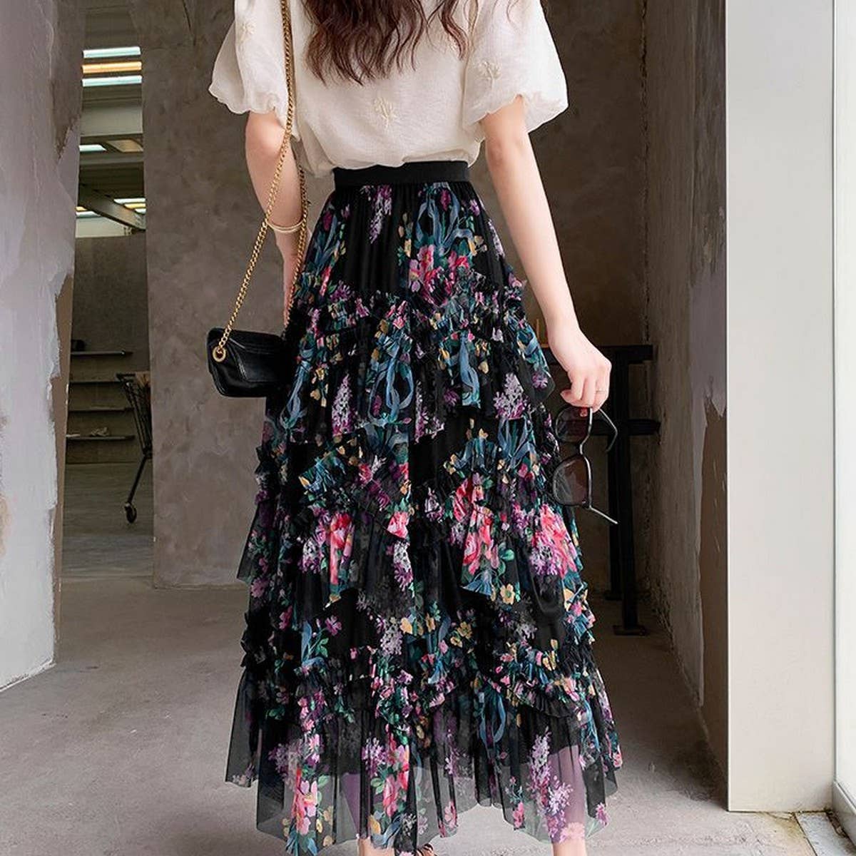 ACCITY - Wholesale Skirt - Women's - COLORFUL FLORAL MESH PRINT PLEATED TULLE SKIRT_CWBLS039922
