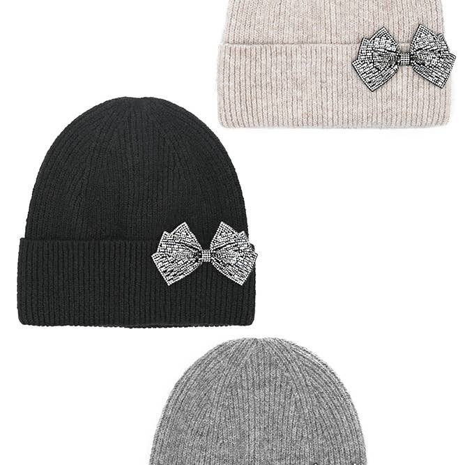 Hana - Wholesale Beanie - Women's - C.C Rhinestone Bow Cuff Beanie1