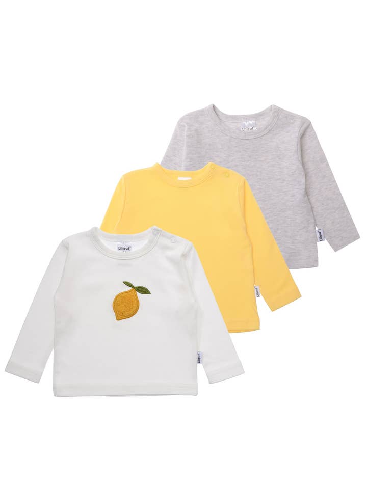 3-pack of long-sleeve shirts in yellow, gray, and white with lemon patch for wholesale by Liliput