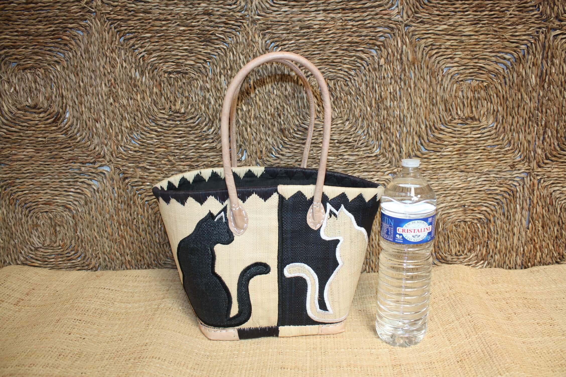 Boutique Huléti - Wholesale Beach Bag - BLACK basket embroidered with CAT design - Long Handle Bag - Market, shopping, beach tote - 3 SIZES -7