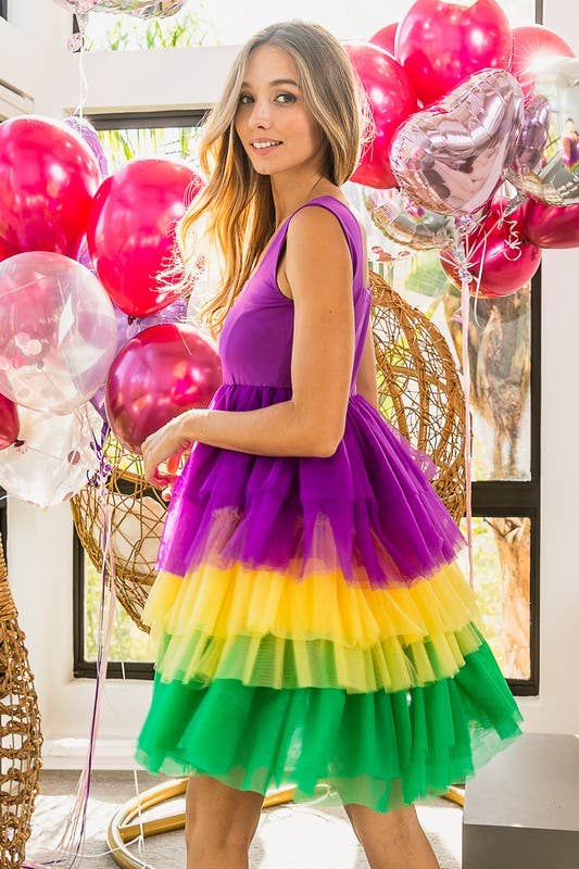 PAARS/MOSTERD/GROEN Mardi Gras gelaagde jurk met kleurblokken en mesh-lagen voor groothandel op Faire1