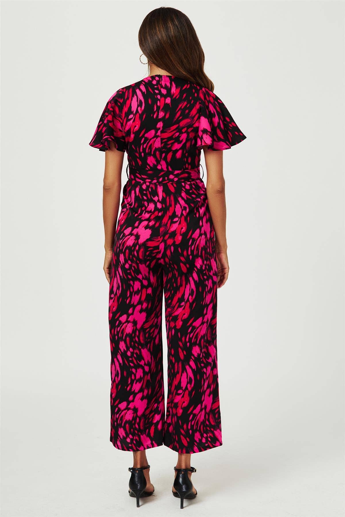Pink Abstract Print Wrap Top Jumpsuit In Black for wholesale on Faire2