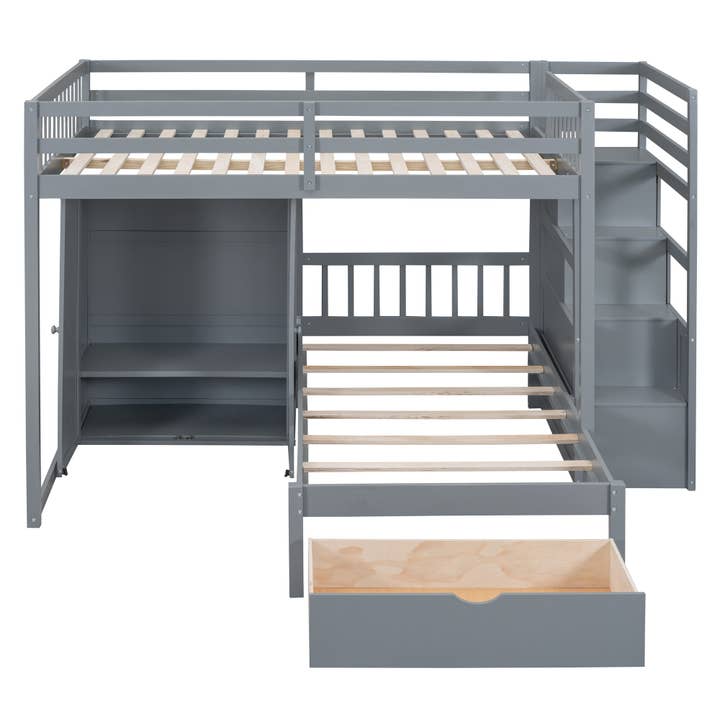 HomeRoots – wholesale Bed – Gray Full Over Twin Wood Bunk Bed With Stairs And Drawers And Storage3
